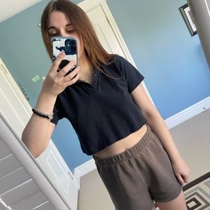 Blue Collar-neck Cropped Short Sleeve Tee